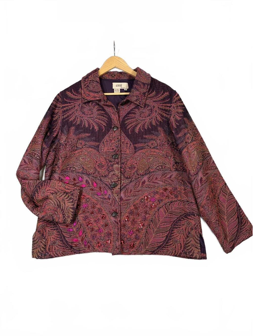 Anü by Natural 100% Wool Embroidered Peacock Paisley Jacket 1X Wearable Art Boho